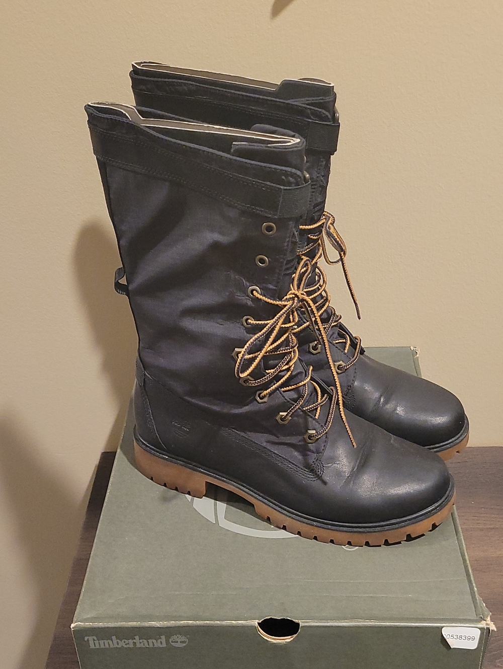 Timberland Black Combat Moto Boots with Tan Laces
